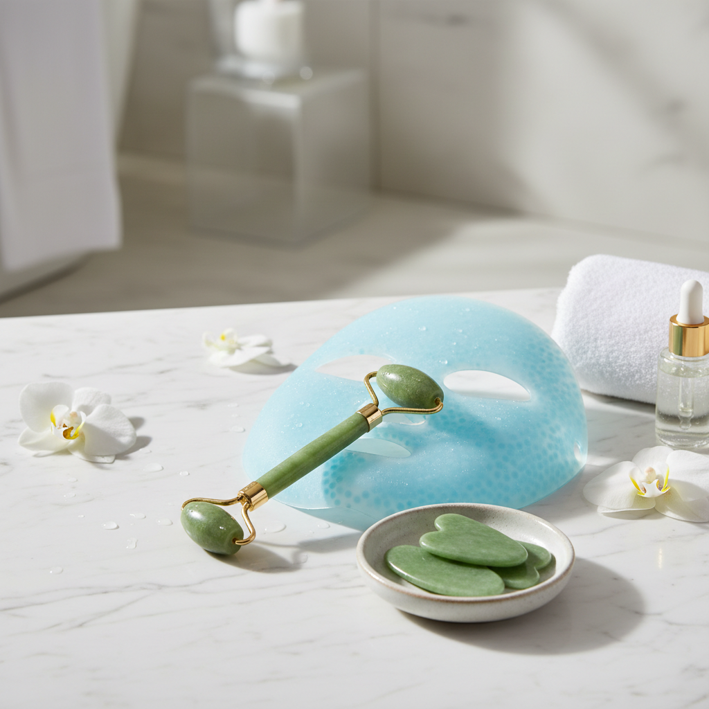 Jade roller and cooling ice face mask beauty set on marble surface