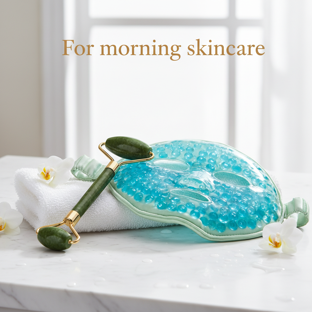 Jade roller and ice face mask with morning skincare text